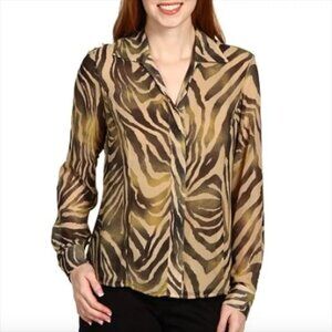 NWT Jones New York Khaki & Olive Zebra Print Chiffon Long Sleeve Blouse